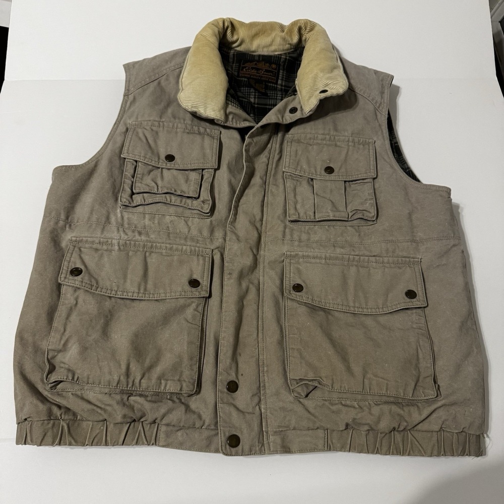 Vtg Eddie Bauer Utility Vest Men L Tan Goose Down Fill Plaid Flannel Lined Snap